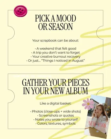 Digital Scrapbook for Beginners🫶A digital scrapbook is more than just a collage. It’s a way to (3) Choosing scrapbook mood or season visual guide